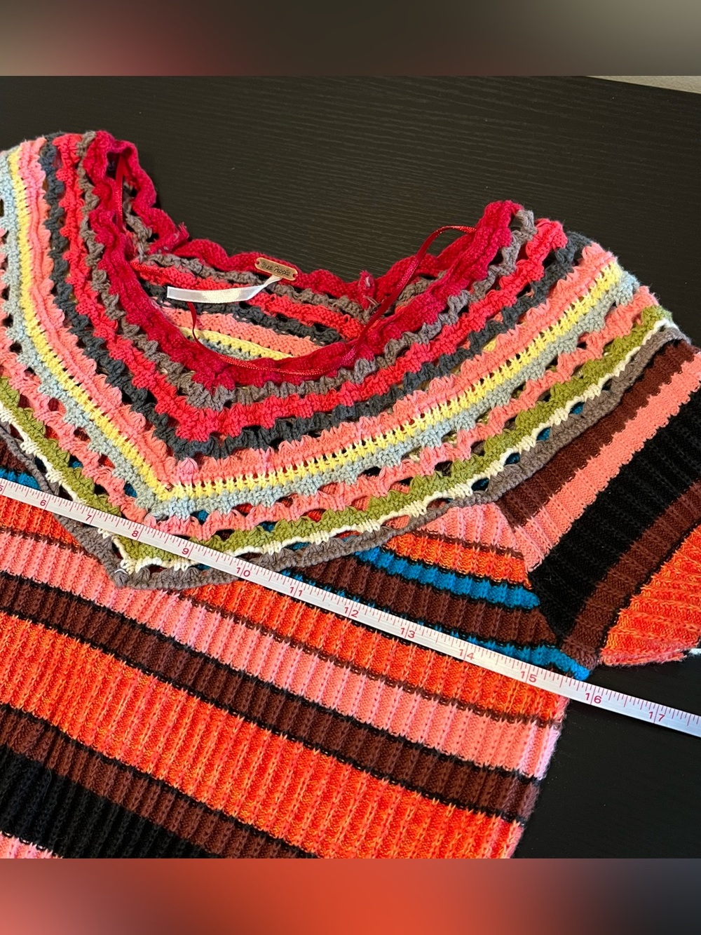 Free People Heart and Soul Multicolor Crochet Striped Sweater Boho Flare Medium - Picture 10 of 11